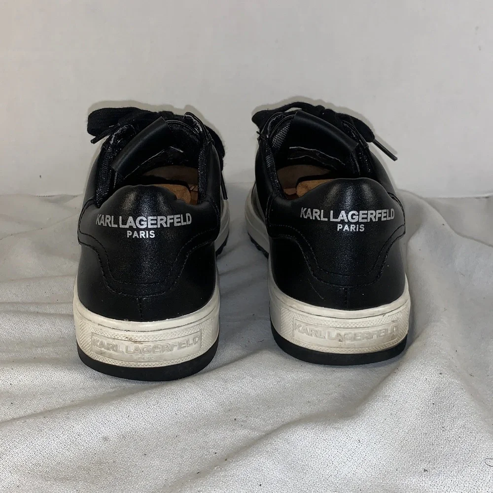 Karl Lagerfeld Mens Black Leather Low-Top Sneakers with White Sole